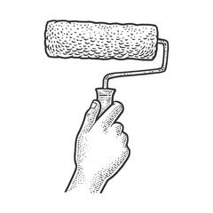 Paint roller in hand sketch engraving vector illustration. T-shirt apparel print design. Scratch board imitation. Black and white hand drawn image.