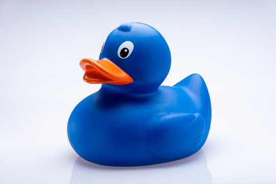 Blue rubber toy duck with orange beak isolated in front of a white background.