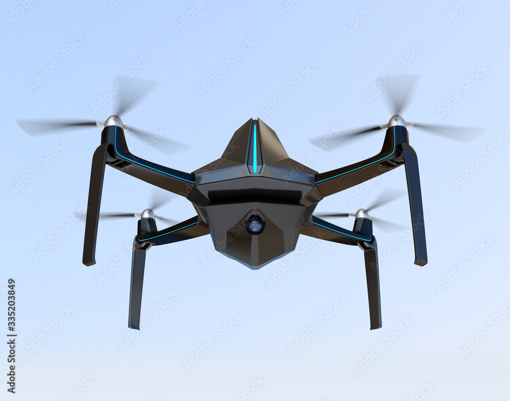 Poster front view of electric security drone flying in the sky. 3d rendering image.