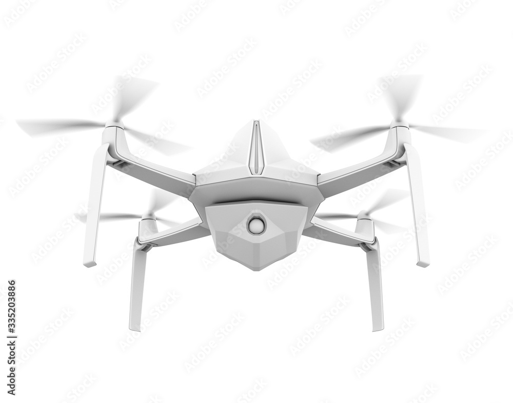 Poster clay rendering of electric security drone flying in the sky. 3d rendering image.