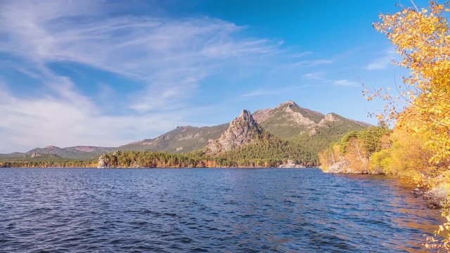 Majestic nature of Kazakhstan concept:  time lapse epic view of Burabay lake with Okzhetpes and Zhumbaktas rocks at sunset in autumn season