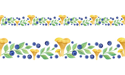 Seamless border of chanterelle mushrooms and blueberry branches isolated on white background. Wild forest plants. Watercolor elements