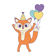 happy birthday, fox with party hat and balloons hearts decoration design icon