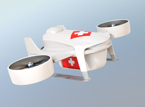 Electric VTOL delivery drone carry medical kit. Touchless security delivery concept. 3D rendering image.
