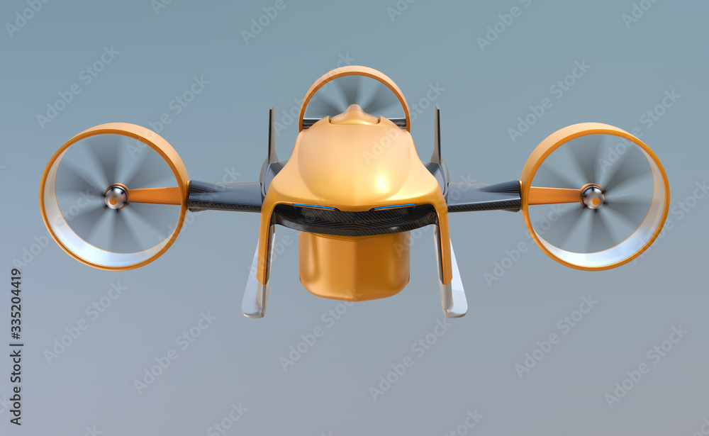 Poster front view of electric vtol delivery drone flying in the sky. touchless delivery concept. 3d renderi