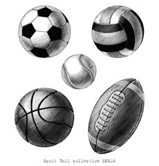 Sport Ball collection hand draw vinatge style black and white clip art isolated on white background