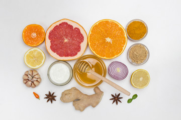 Healthy products for Immunity boosting. Citrus ginger, honey garlic, onions.