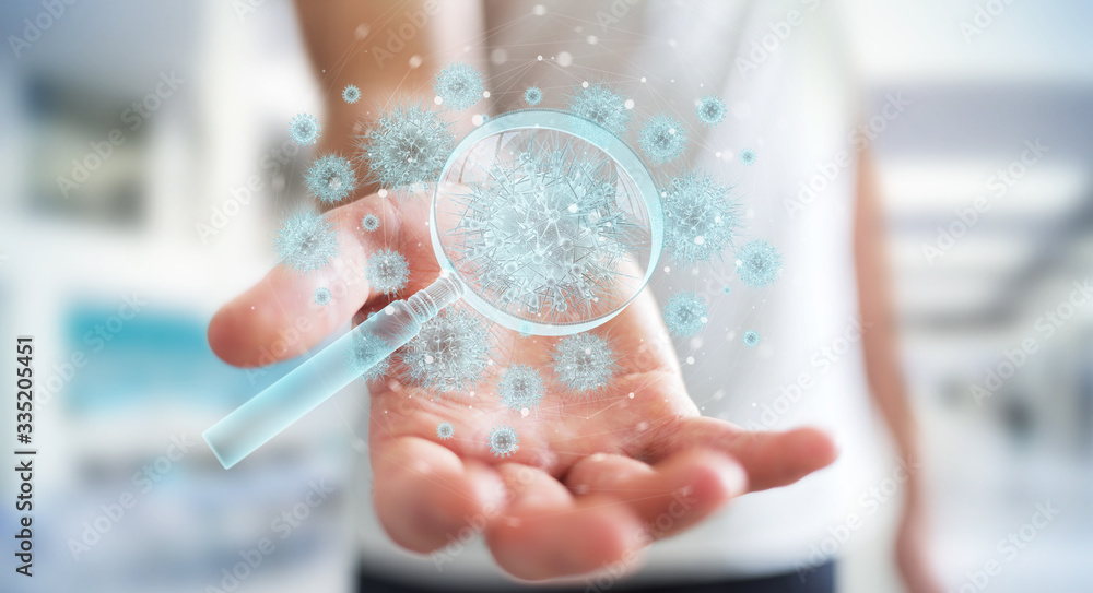 Poster man analyzing holographic coronavirus projection through magnifying glass 3d rendering