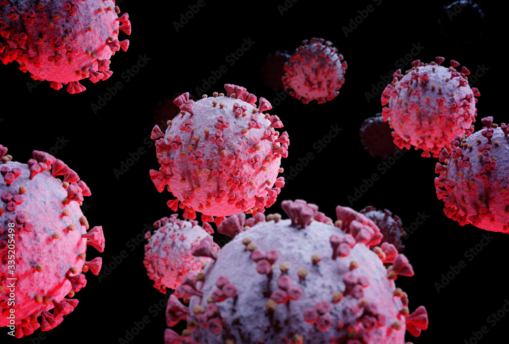Poster 3d rendering of the coronavirus on a microscopic level. microscope close-up of the covid-19 disease.