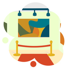 Museum or gallery modern art  inside. famous expencive impressionism picture on the wall. red carpet and fence post. Illustration in flat style