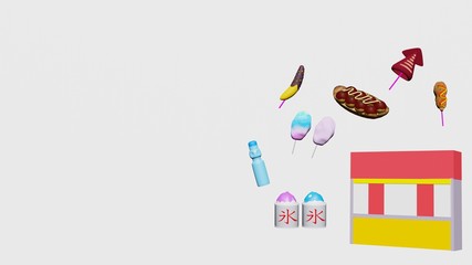 屋台から飛び出すお菓子、３Dレンダリング