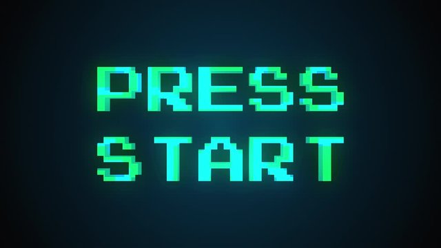 Computer generated a text message screen: Press start. 3d rendering 8-bit font, black background for computer game