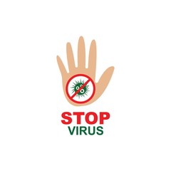 Say STOP to virus, bacteria, fungi and infections. Vector illustration of virus with red stop sign and hand gesture stop on white background