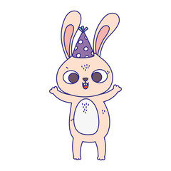 happy birthday, cute little rabbit with party hat cartoon isolation design icon