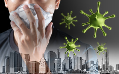 Coronavirus or covid-19 pandemic and man with mask in the city background