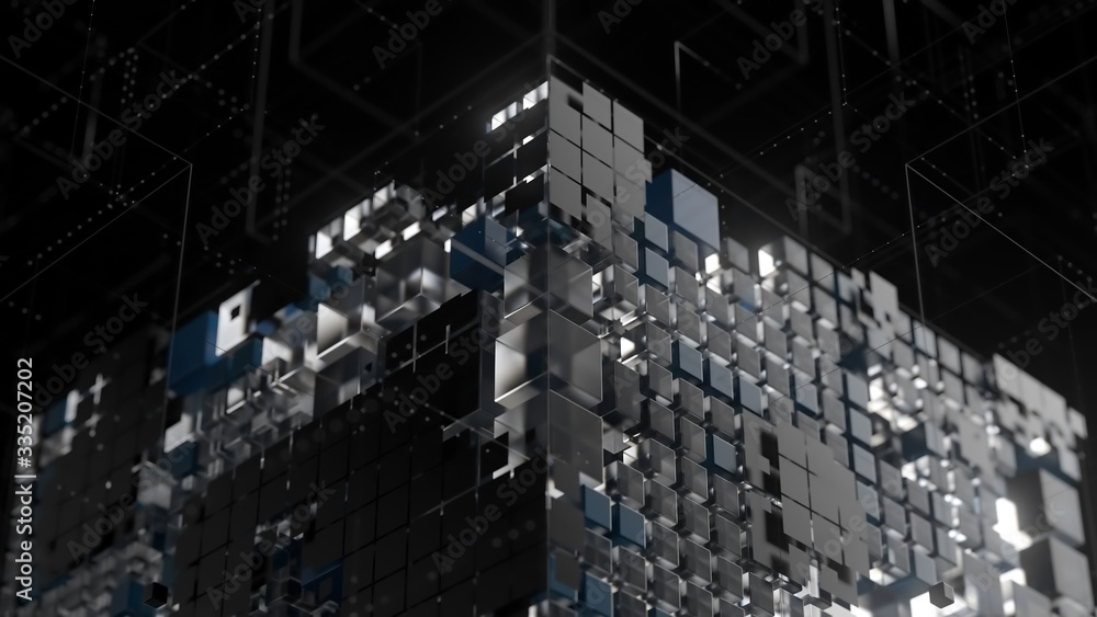Poster 3d render of complex geometry structure. artificial intelligence concept. depth of field.