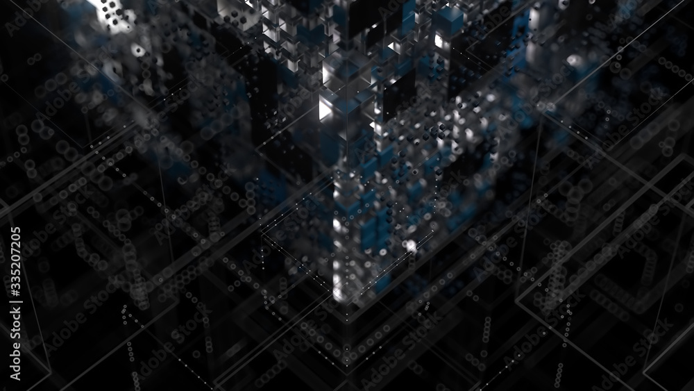 Poster 3d render of complex geometry structure. artificial intelligence concept. depth of field.
