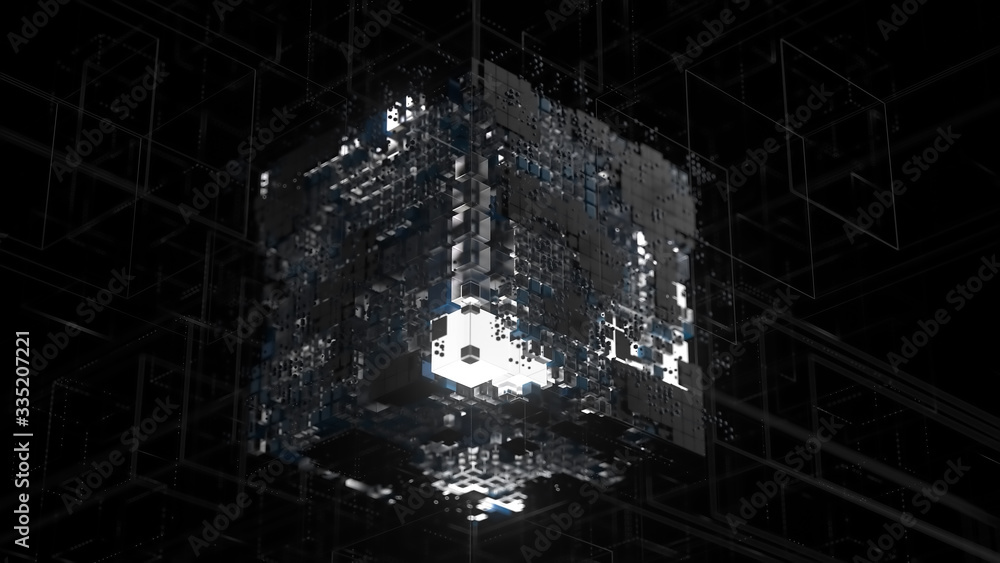 Poster 3d render of complex geometry structure. artificial intelligence concept. depth of field.