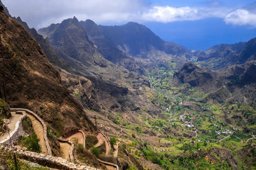 Aerial Hiking trail in Paul Valley, Santo Antao island, Cape Verde