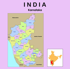 Karnataka map. vector illustration of Karnataka district map with border in colour.