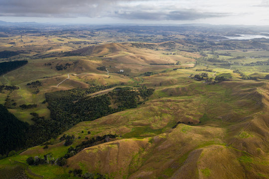 Aerial view on farmland early in the morning at Ruawai area in Northland, New Zealand.
