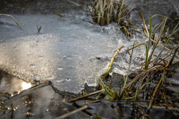 Ice melts on lake under spring sun rays