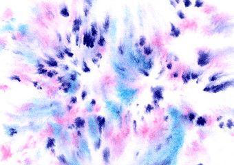 Abstract watercolor hand drawn background. Pink, blue and purple on white aquarelle texture. Colorful temptale. Gradient with splash texture