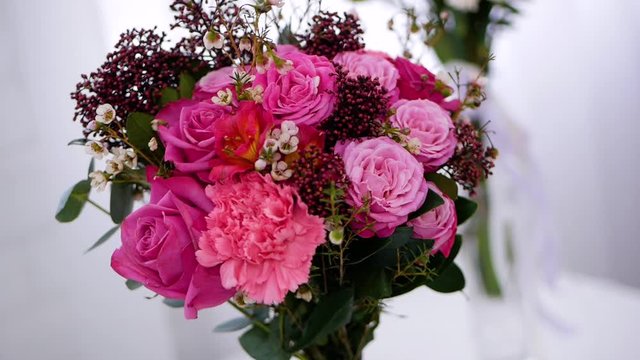 Wedding bridal bouquet of fresh flowers. Festive bouquet of fresh flowers. Close up.