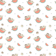Kids baby pattern with cat and watermelon in the white backdrop