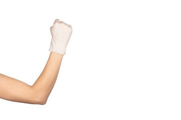 Hand gesture. Hand in a white latex glove showing Solid fist or anger sign isolated on white background.