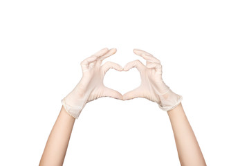 Hand gesture. Hand in a white latex glove showing Heart sign isolated on white background.