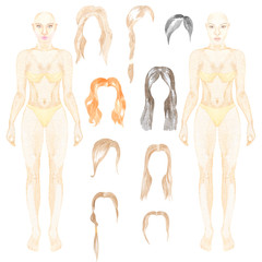 Watercolor paper doll with wigs. Perfect for the design of printing, textiles, web sites, photo albums, personal blogs, decoupage and other creative ideas.