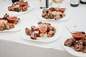 barbecue on a table in plates