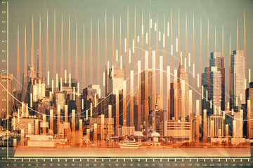 Forex graph on city view with skyscrapers background double exposure. Financial analysis concept.