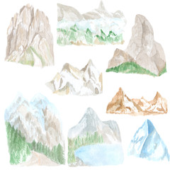 Watercolor mountains, rocks, mountain landscapes. Perfect for decoration in print design, textiles, photo albums, souvenirs and other creative projects.