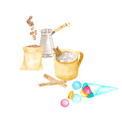 Watercolor illustration of coffee with dessert. Perfect for the design of textile, paper, souvenir products, web sites and other creative areas and ideas.