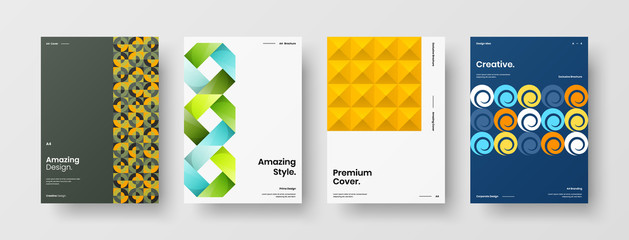 Fototapeta premium Company identity brochure template collection. Business presentation vector A4 vertical orientation front page mock up set. Corporate report cover abstract geometric illustration design layout bundle.