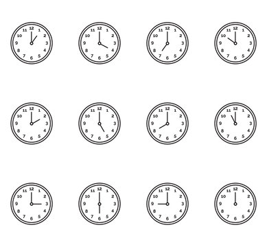 horizontal set of analog clock icon notifying each hour isolated on white, vector illustration. 
A set of watches for every hour