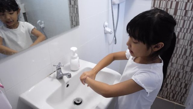Asian girls are demonstrating how to wash hands with soap for cleanliness and sanitizing, the concept of health care in an infectious disease epidemic situation Corona virus 2019 (COVID-19).