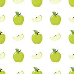 Seamless pattern with green whole and slice apples on white background. Organic fruit. Cartoon style. Vector illustration for design, web, wrapping paper, fabric, wallpaper.