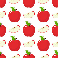 Seamless pattern with red whole and slice apples on white background. Organic fruit. Cartoon style. Vector illustration for design, web, wrapping paper, fabric, wallpaper.
