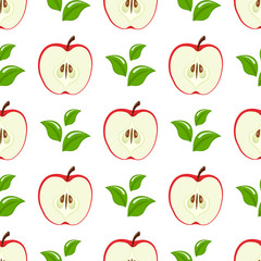 Seamless pattern with red half apples and leaves on white background. Organic fruit. Cartoon style. Vector illustration for design, web, wrapping paper, fabric, wallpaper.
