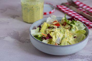 vegetarian food. salad of cabbage tomato on a light white plate on a grey background with yoghurt and mustard herbal dressing. healthy food