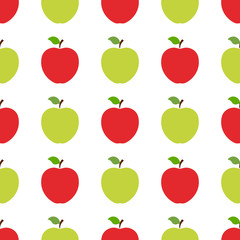 Seamless pattern with red and green whole apples on white background. Organic fruit. Flat style. Vector illustration for design, web, wrapping paper, fabric, wallpaper.