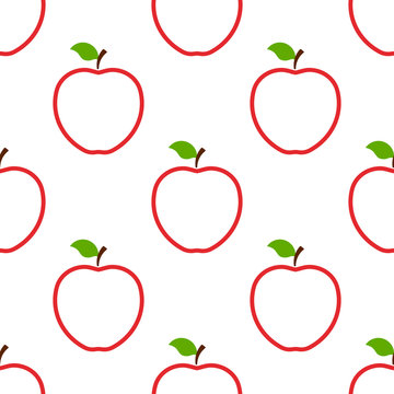 Seamless pattern with red whole apples on white background. Organic fruit. Flat style. Vector illustration for design, web, wrapping paper, fabric, wallpaper.