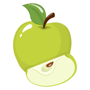 Fresh whole and slice green apple isolated on white background. Organic fruit. Cartoon style. Vector illustration for any design.