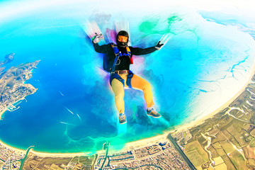 Adrenaline. Extreme sky for free people. No rules in open air. Parachutist in professional suit is in free fall. Skydiving is a sport of the future.  