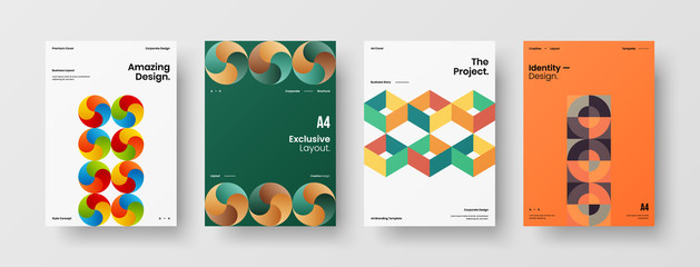 Naklejka premium Company identity brochure template collection. Business presentation vector A4 vertical orientation front page mock up set. Corporate report cover abstract geometric illustration design layout bundle.
