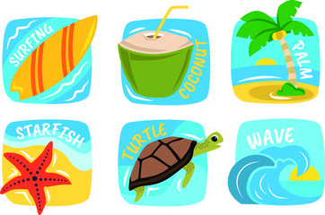 Summer objects coconut palm wave starfish turtle surf. Bright colors ocean set illustration travel icon