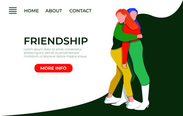 Web banner with friends hugging together. People friendship girls. Bright clothes. Web site background.